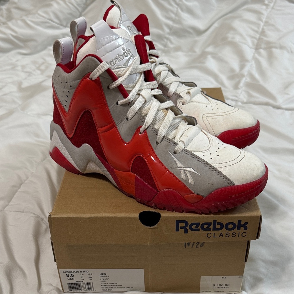 Reebok Classic Kamikaze II Mid Red White Sneakers Shawn Kemp Men’s Size 8.5